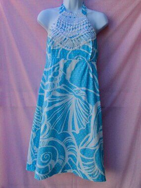 Lilly Pulitzer Brighton Sea Spray Blue King Conch Halter Dress sz 6
